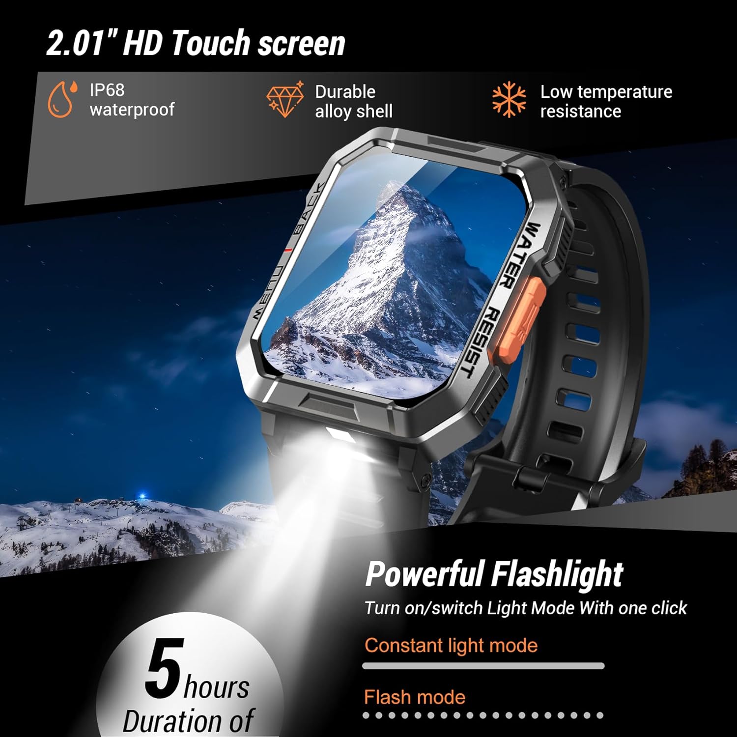 R800 Rugged Men’s Smart Watch with LED Flashlight & Compass, 100+ Sports Modes IP68 Water Resistant