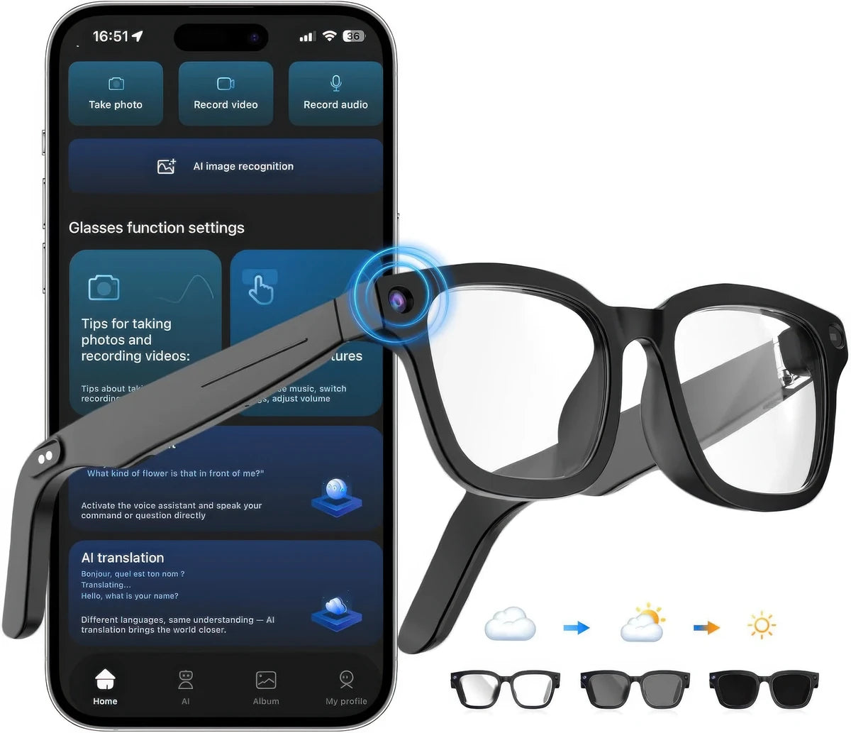 CFY G26 AI Smart Glasses with 8MP Camera, ChatGPT Assistant, Translation, Bluetooth Audio & Photochromic Lens