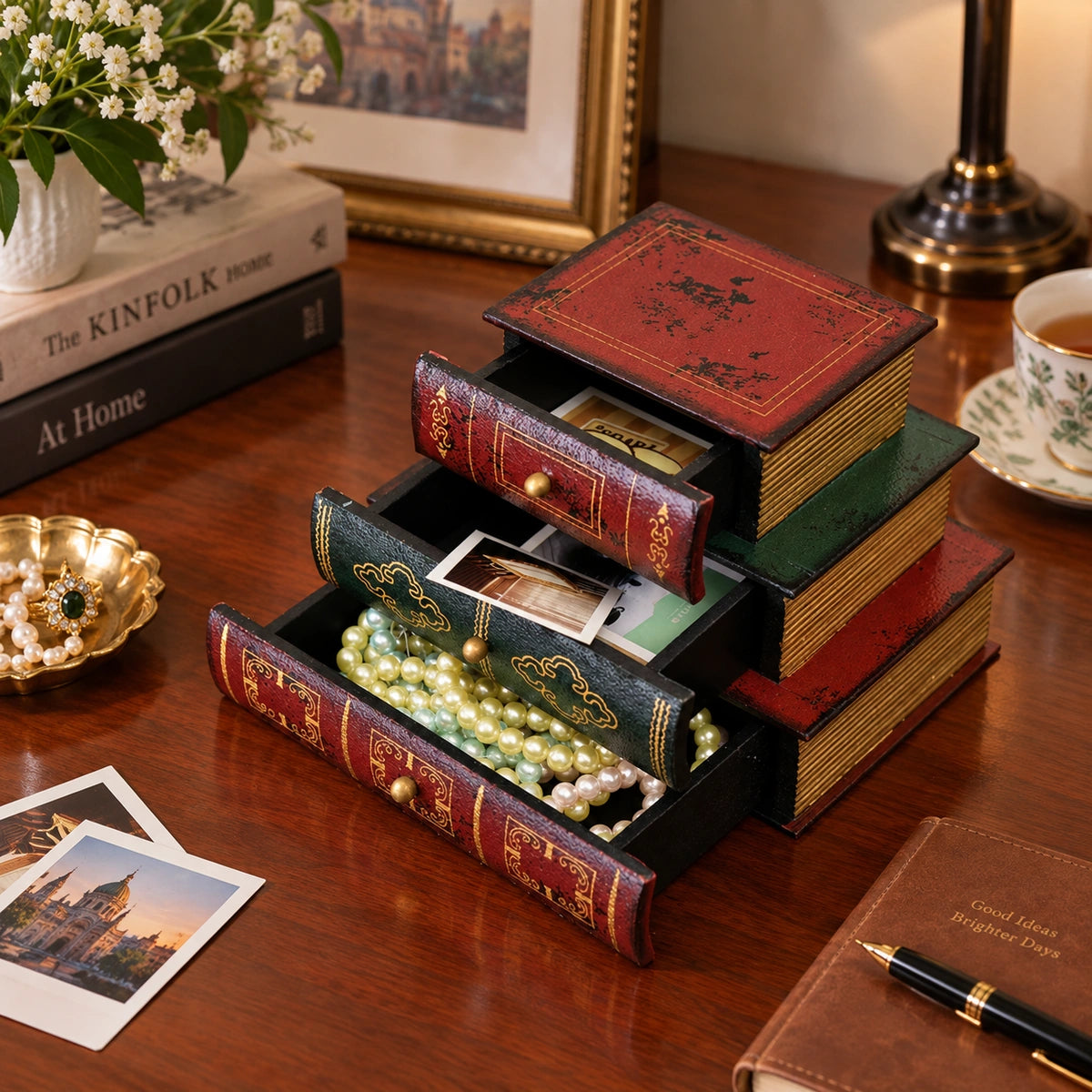 Vintage Faux Book Storage Box with Drawer – Decorative Desk Organizer