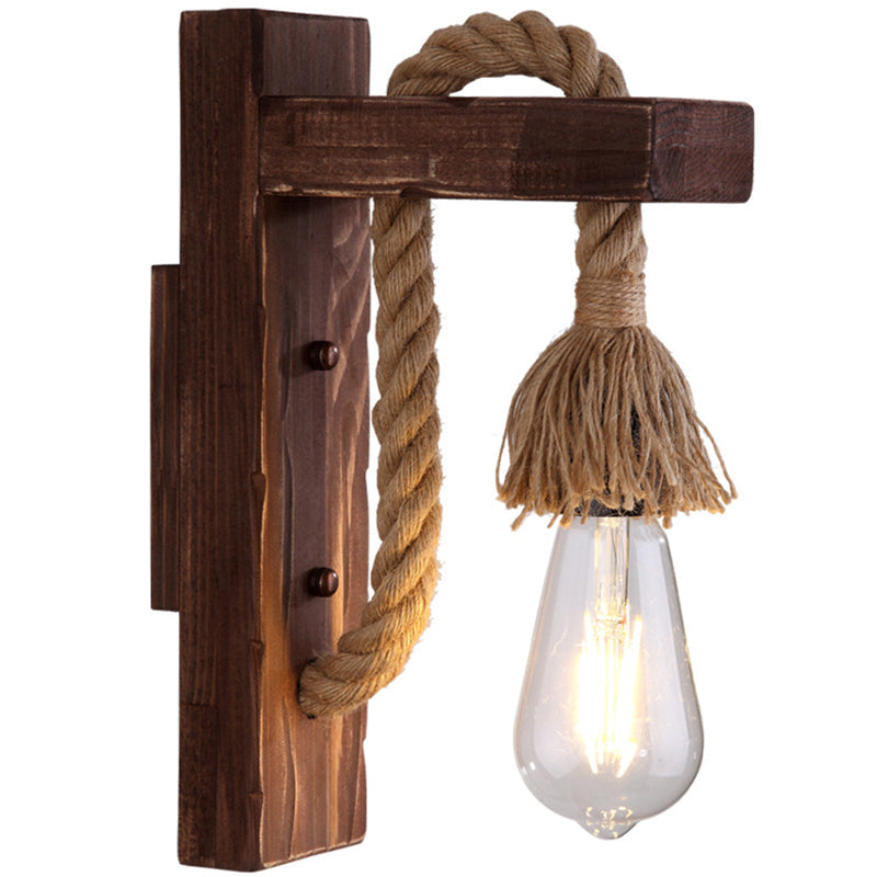 Brown L-shaped wall-mounted lighting Rustic wood 1 light dining room wall light with hemp rope cable