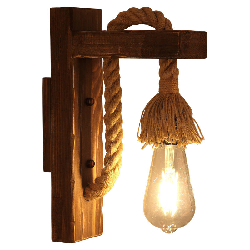Brown L-shaped wall-mounted lighting Rustic wood 1 light dining room wall light with hemp rope cable
