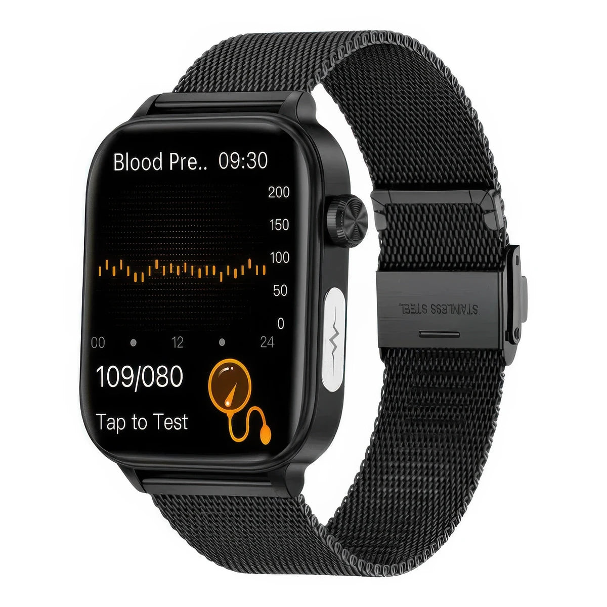 CFY E570 Professional ECG Blood Sugar Blood Pressure HRV Monitoring Health Watch Black Milanese