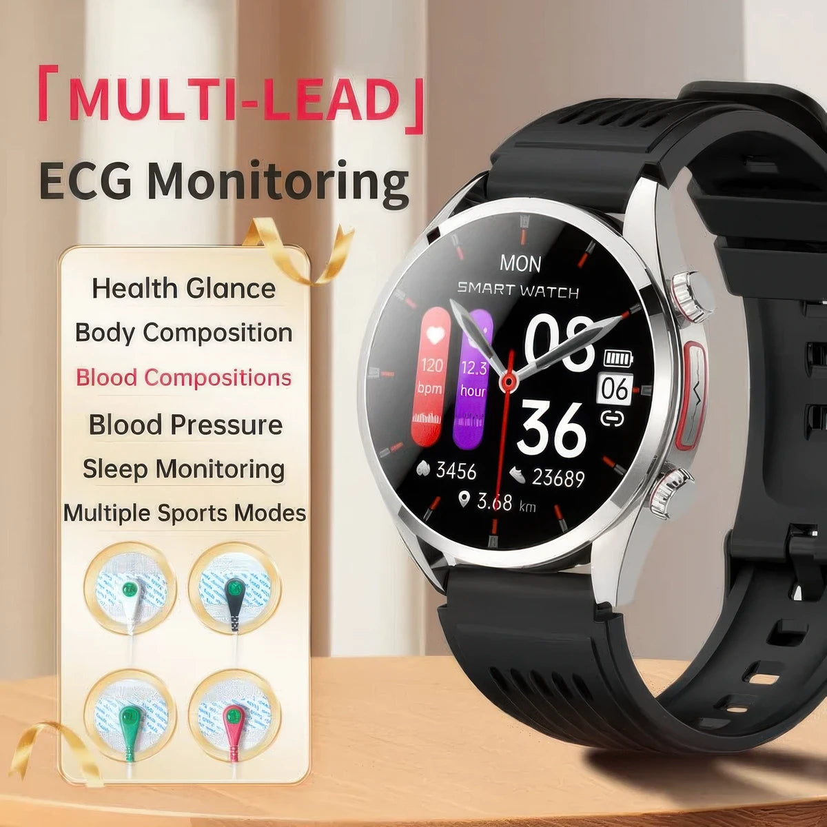 CFY02 Multi-Lead ECG Monitoring Blood Glucose Blood Pressure Heart Rate Measurement Health Smart Watch