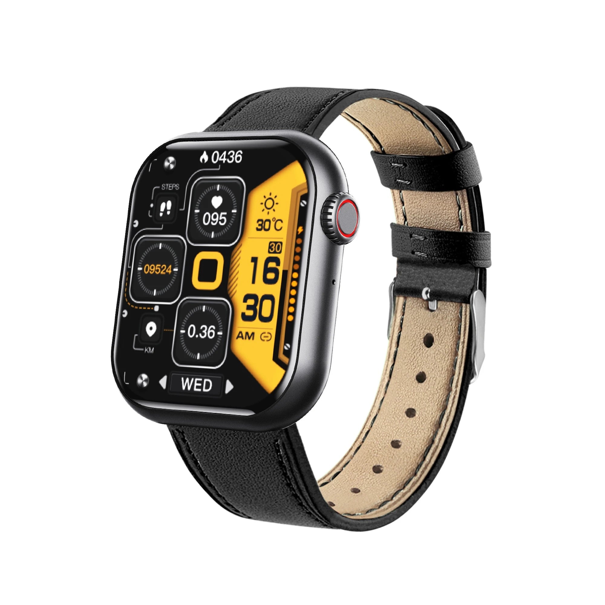 F57 smart watch side angle view with rotating crown design