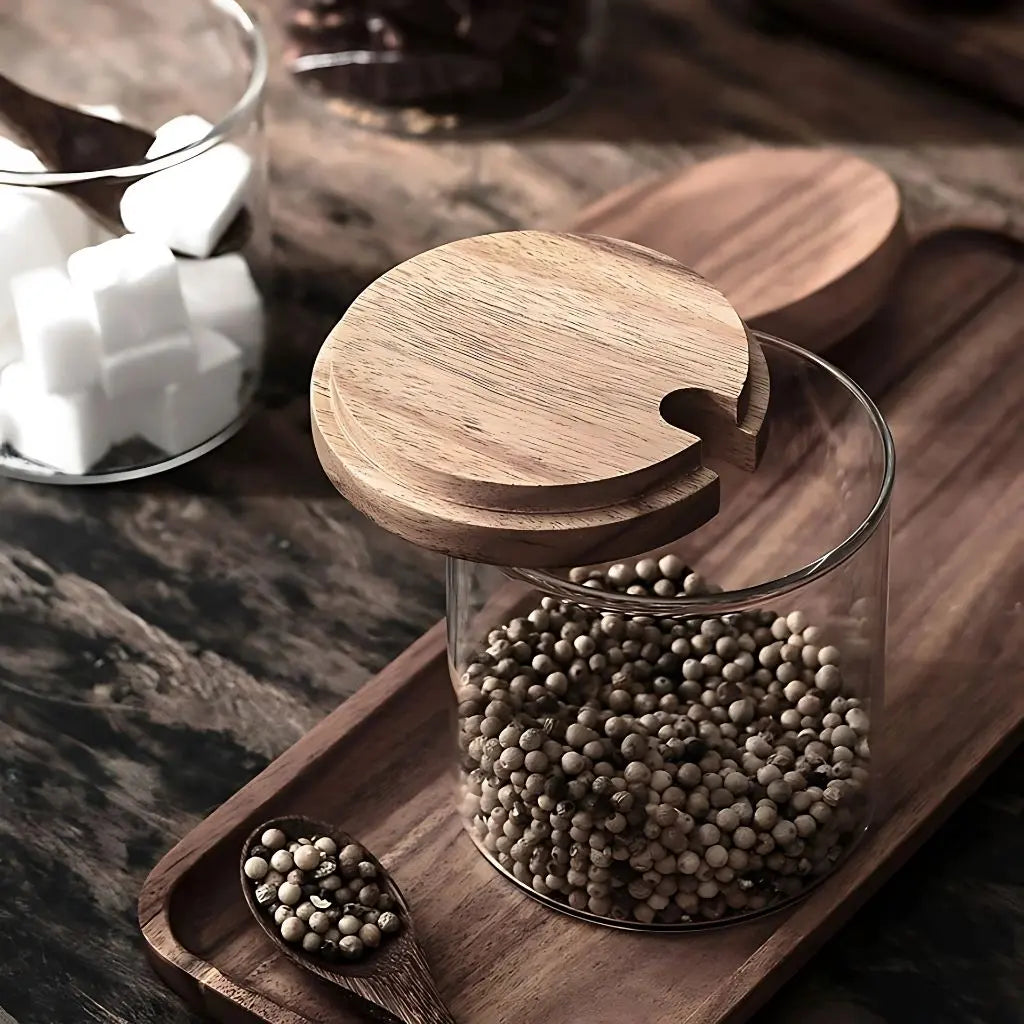 Glass Seasoning Jar Set with Acacia Wood Lids and Tray