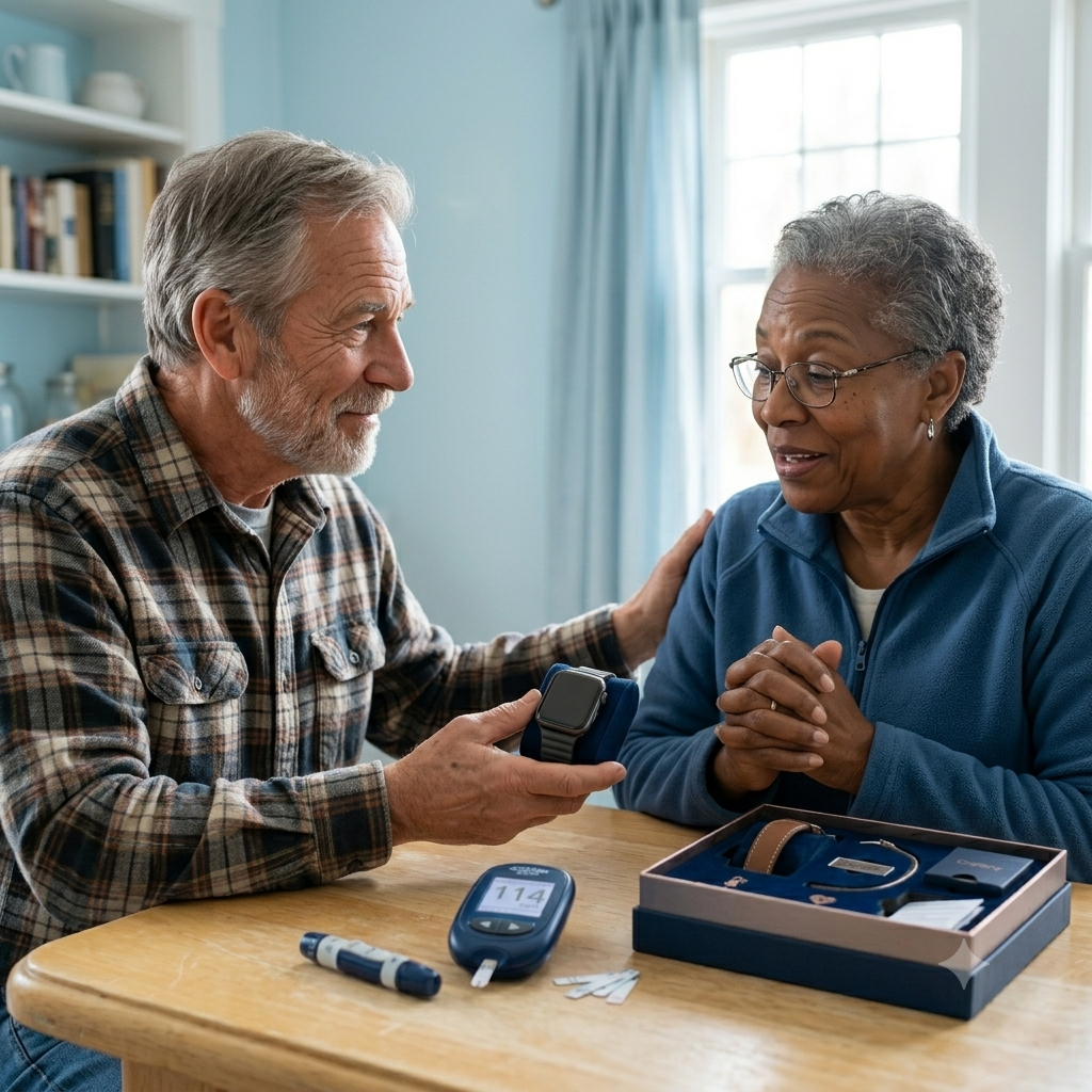 Senior using a smartwatch for daily wellness tracking