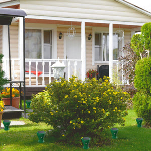 Solar mole repellent stakes installed around a lawn and garden for outdoor pest control