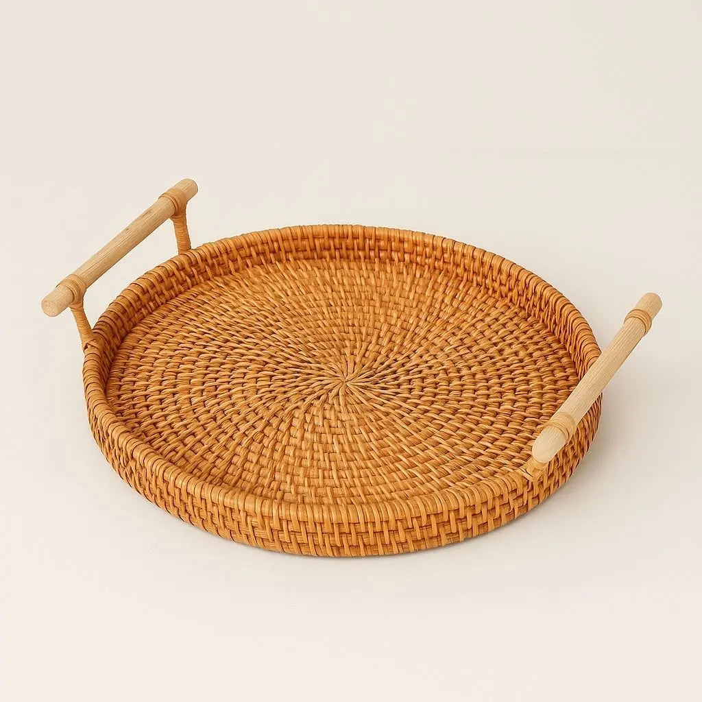 Rattan Woven Storage Tray with Wooden Handles