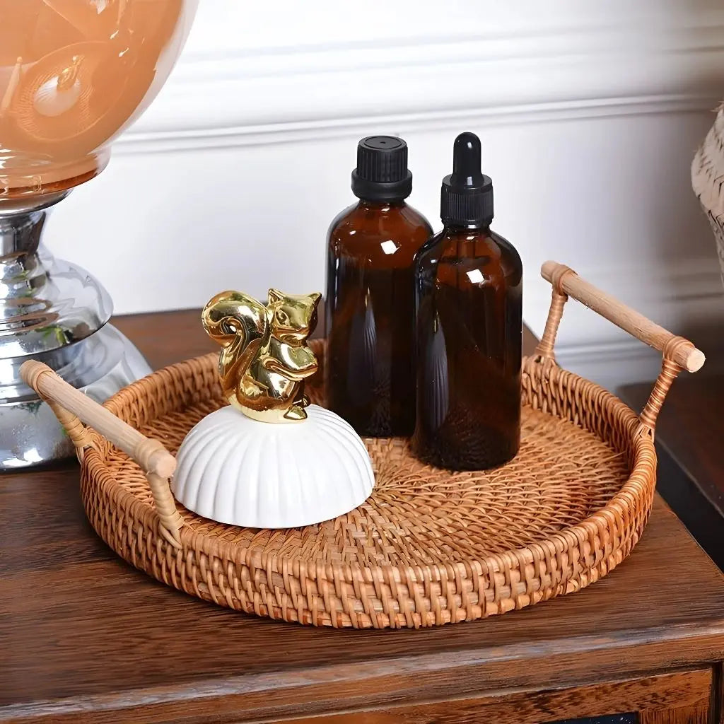 Rattan Woven Storage Tray with Wooden Handles