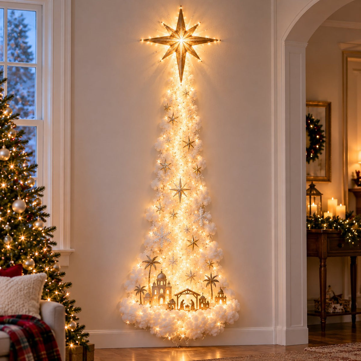 Bethlehem star wall light above a softly glowing nativity scene