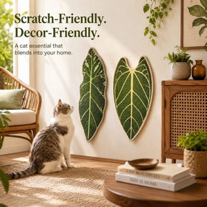 Botanical sisal cat scratcher mat in leaf shapes displayed as wall decor near a sitting cat.
