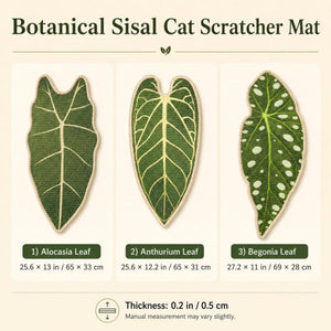 Botanical sisal cat scratcher mat style and size chart for alocasia, anthurium and begonia leaves.