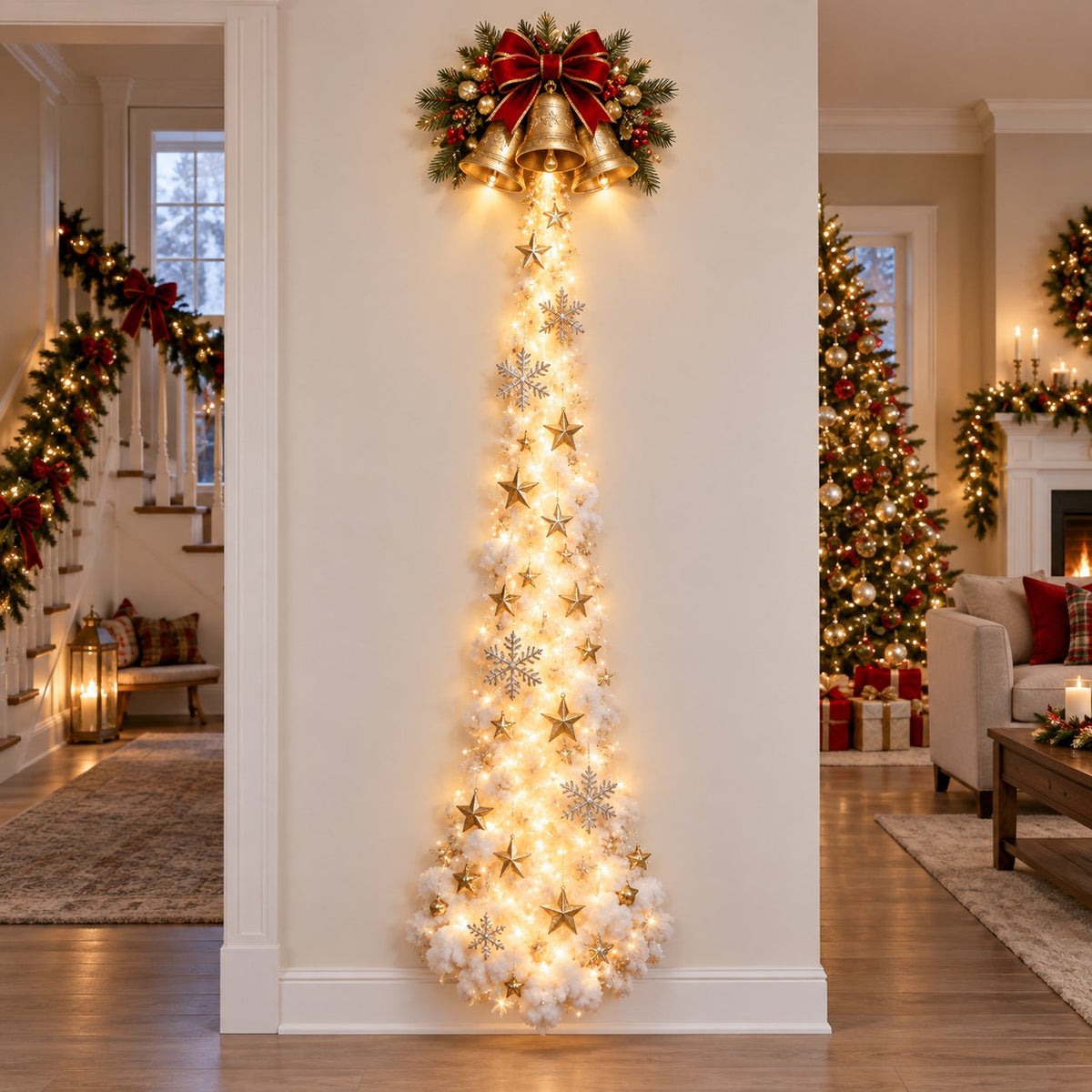 Christmas bell wall light above a tall sparkling holiday trail