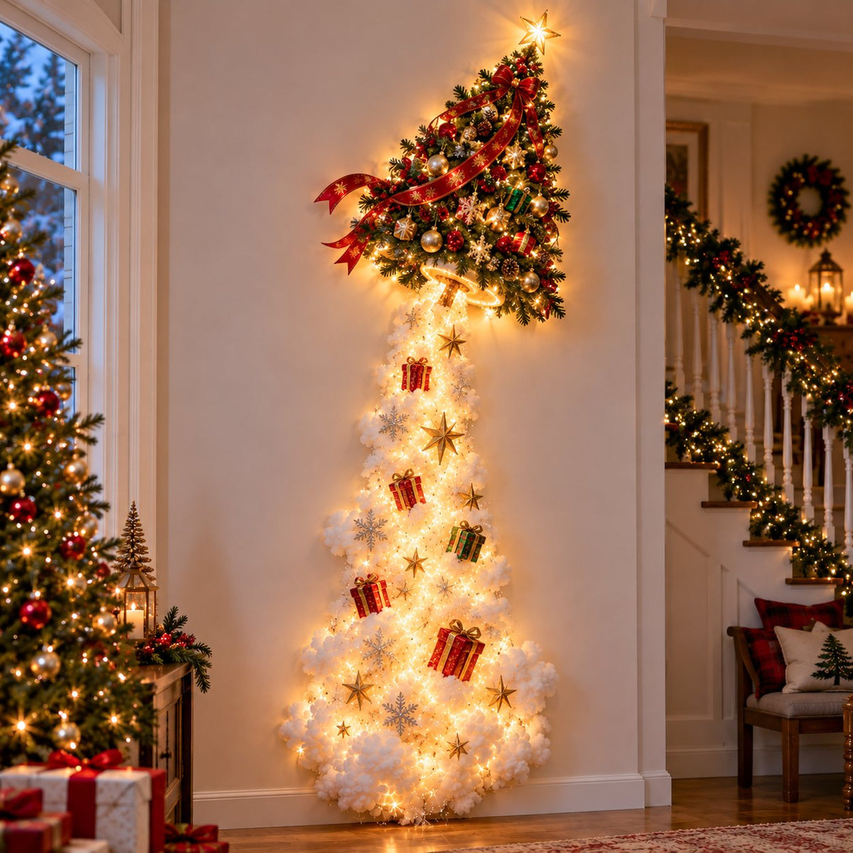 Christmas tree wall light formed with ornaments and warm lights