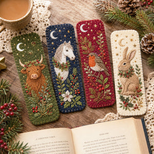 Four embroidered country animal bookmarks in warm holiday colors