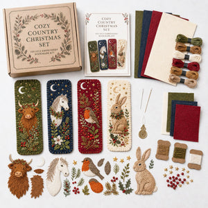 Country animal bookmark pieces thread and templates arranged flat