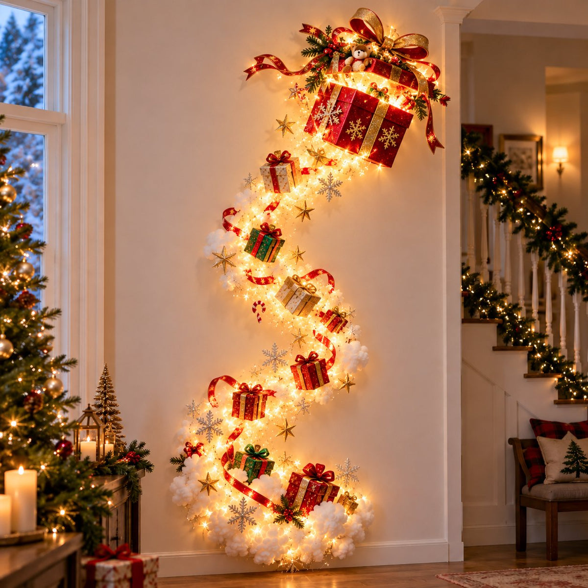 Gift box wall light with presents flowing through a bright trail