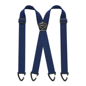 Navy blue X-back men's belt loop suspenders with adjustable straps and hook attachments