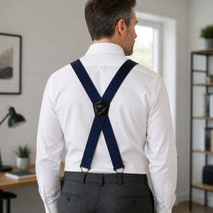 Man wearing navy X-back belt loop suspenders with a white shirt