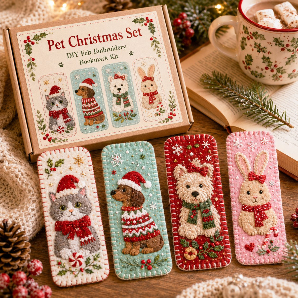 Dog cat and bunny Christmas bookmarks displayed beside the kit box