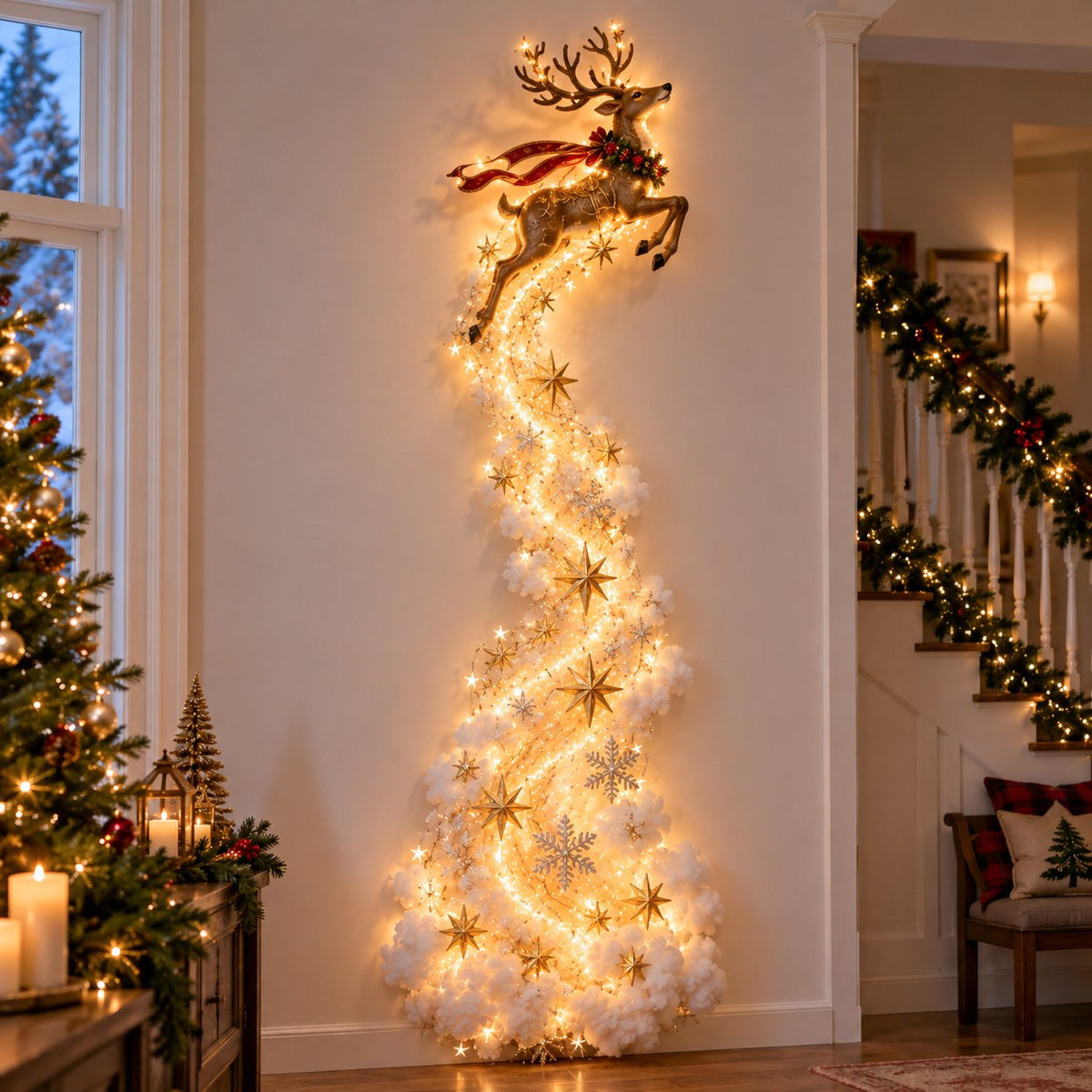 Leaping reindeer wall light with a warm sparkling trail