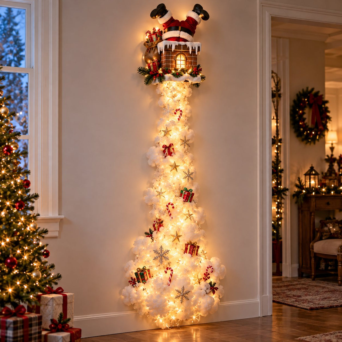 Santa chimney wall light creating a tall illuminated holiday trail