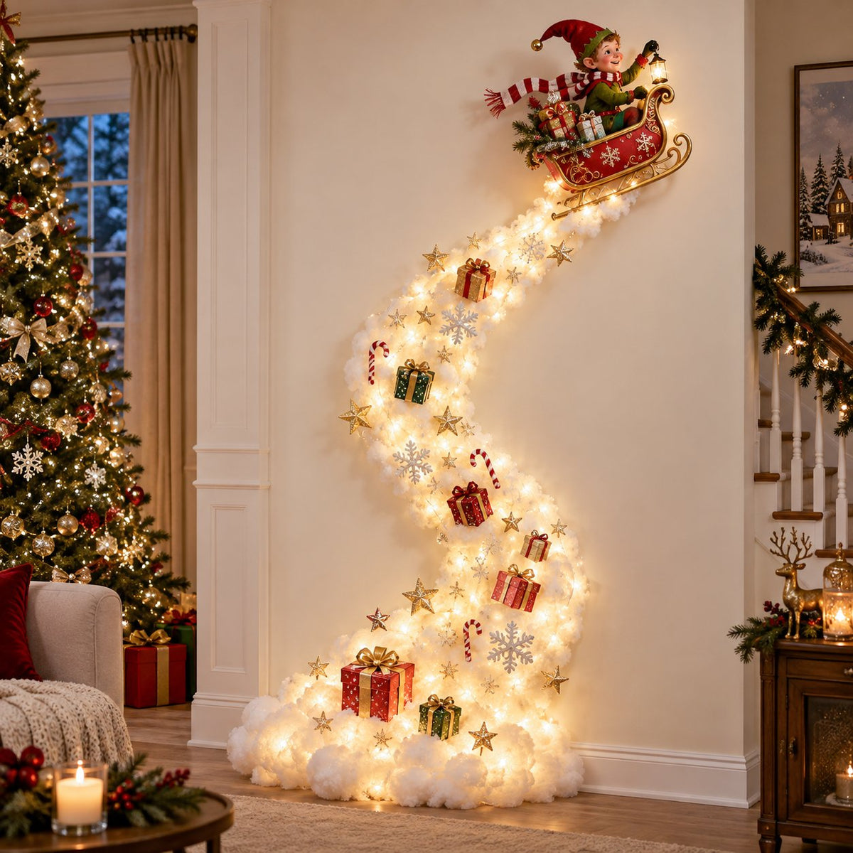 Santa delivery wall light with gifts and a sweeping light trail
