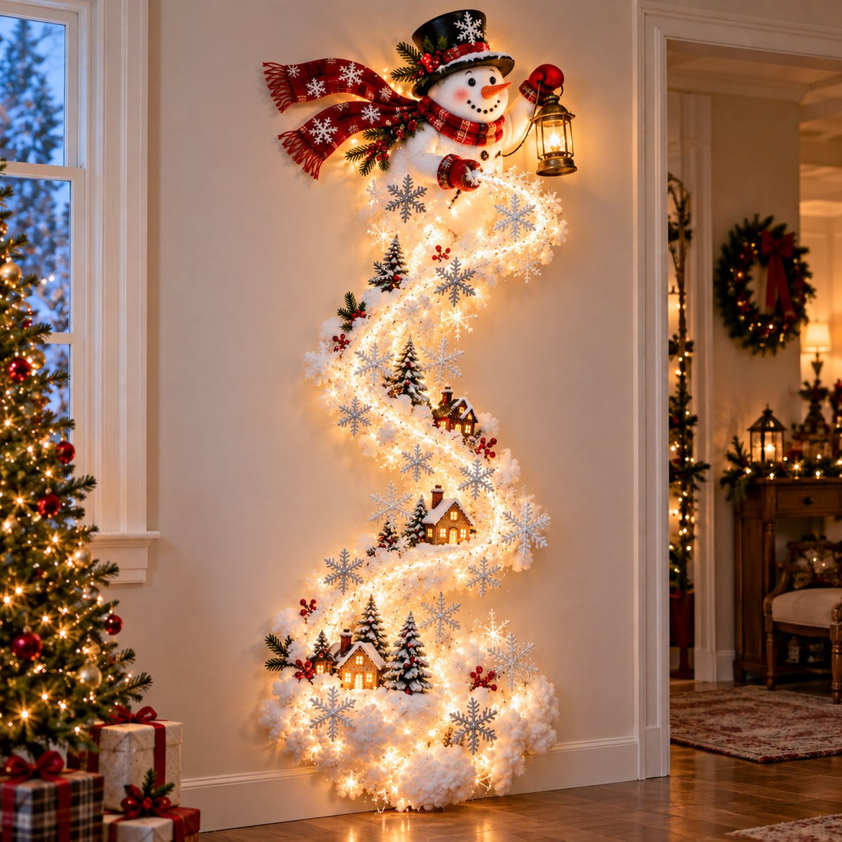 Snowman wall light with a swirling illuminated winter scene