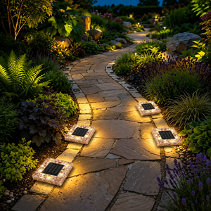 Warm white square solar ground lights illuminating a garden pathway at night