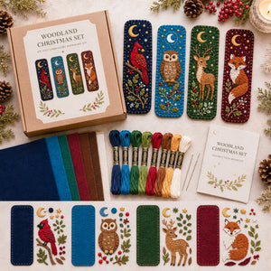 Woodland bookmark kit contents including patterns felt and thread